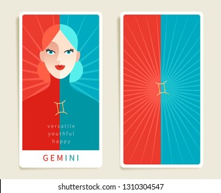 Gemini : Beautiful woman with horoscope sign : Template for tarot cards :Vector Illustration