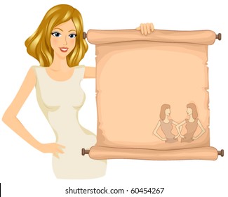 Gemini / A Blonde Lady Holding a Scroll With the Image of Twins Printed on it - Vector