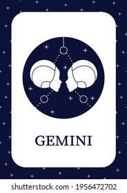 Gemini card icon. Third fire sign in zodiac. Horoscope twins. Mystic horoscope sign template. Flyer, magazine, poster, book cover, booklet. Astrological science infographic concept