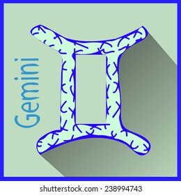 Gemini Card, zodiac sign, on a colored background, long shadow, sign, name sign.