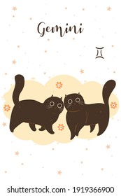 Gemini cats  in cartoon style. Postcard with zodiac sign. Vector graphics.