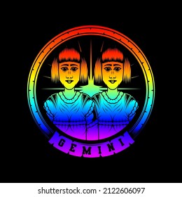 Gemini character vintage neon style illustration