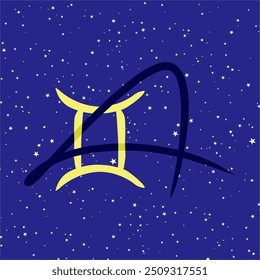 Gemini in combination with the letter A. Zodiac sign. On a dark blue starry background. Astrology and horoscopes concept. Vector illustration.