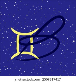 Gemini in combination with the letter B. Zodiac sign. On a dark blue starry background. Astrology and horoscopes concept. Vector illustration.