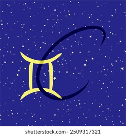 Gemini in combination with the letter C. Zodiac sign. On a dark blue starry background. Astrology and horoscopes concept. Vector illustration.