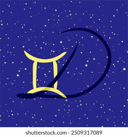 Gemini in combination with the letter D. Zodiac sign. On a dark blue starry background. Astrology and horoscopes concept. Vector illustration.