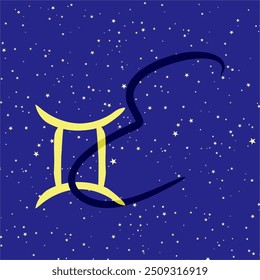 Gemini in combination with the letter E. Zodiac sign. On a dark blue starry background. Astrology and horoscopes concept. Vector illustration.