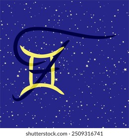 Gemini in combination with the letter F. Zodiac sign. On a dark blue starry background. Astrology and horoscopes concept. Vector illustration.