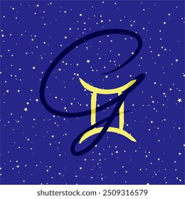 Gemini in combination with the letter G. Zodiac sign. On a dark blue starry background. Astrology and horoscopes concept. Vector illustration.