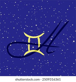 Gemini in combination with the letter H. Zodiac sign. On a dark blue starry background. Astrology and horoscopes concept. Vector illustration.