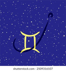 Gemini in combination with the letter I. Zodiac sign. On a dark blue starry background. Astrology and horoscopes concept. Vector illustration.