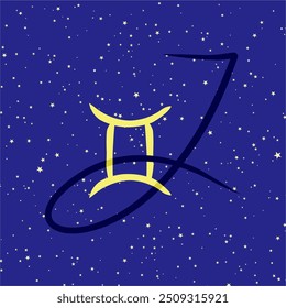 Gemini in combination with the letter J. Zodiac sign. On a dark blue starry background. Astrology and horoscopes concept. Vector illustration.