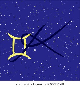 Gemini in combination with the letter K. Zodiac sign. On a dark blue starry background. Astrology and horoscopes concept. Vector illustration.