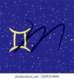 Gemini in combination with the letter M. Zodiac sign. On a dark blue starry background. Astrology and horoscopes concept. Vector illustration.