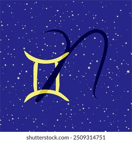 Gemini in combination with the letter N. Zodiac sign. On a dark blue starry background. Astrology and horoscopes concept. Vector illustration.