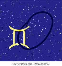 Gemini in combination with the letter O. Zodiac sign. On a dark blue starry background. Astrology and horoscopes concept. Vector illustration.