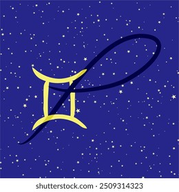 Gemini in combination with the letter P. Zodiac sign. On a dark blue starry background. Astrology and horoscopes concept. Vector illustration.