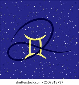 Gemini in combination with the letter Q. Zodiac sign. On a dark blue starry background. Astrology and horoscopes concept. Vector illustration.