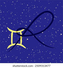 Gemini in combination with the letter R. Zodiac sign. On a dark blue starry background. Astrology and horoscopes concept. Vector illustration.