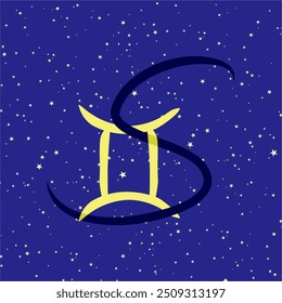 Gemini in combination with the letter S. Zodiac sign. On a dark blue starry background. Astrology and horoscopes concept. Vector illustration.