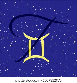 Gemini in combination with the letter T. Zodiac sign. On a dark blue starry background. Astrology and horoscopes concept. Vector illustration.