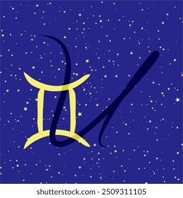 Gemini in combination with the letter U. Zodiac sign. On a dark blue starry background. Astrology and horoscopes concept. Vector illustration.