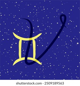 Gemini in combination with the letter V. Zodiac sign. On a dark blue starry background. Astrology and horoscopes concept. Vector illustration.