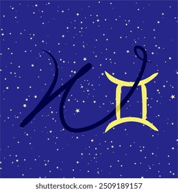 Gemini in combination with the letter W. Zodiac sign. On a dark blue starry background. Astrology and horoscopes concept. Vector illustration.