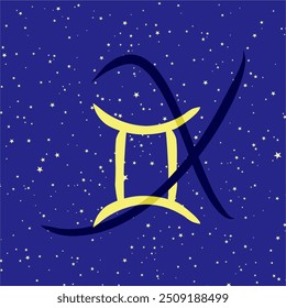 Gemini in combination with the letter X. Zodiac sign. On a dark blue starry background. Astrology and horoscopes concept. Vector illustration.