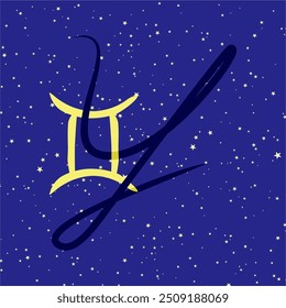 Gemini in combination with the letter Y. Zodiac sign. On a dark blue starry background. Astrology and horoscopes concept. Vector illustration.