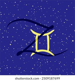 Gemini in combination with the letter Z. Zodiac sign. On a dark blue starry background. Astrology and horoscopes concept. Vector illustration.