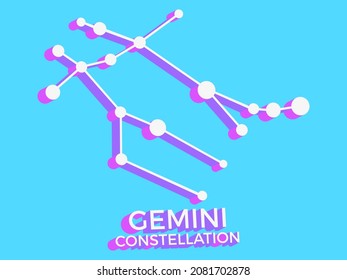 Gemini constellation 3d symbol. Constellation icon in isometric style on blue background. Cluster of stars and galaxies. Vector illustration