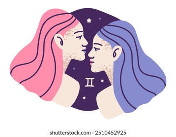 Gemini constellation with an airy and mystical.Twins, horoscope and celestial. Flat vector illustration.