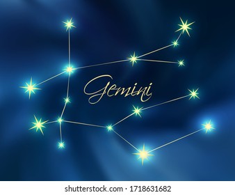 Gemini constellation astrology vector illustration. Stars in dark blue night sky. Gemini zodiac constellations sign beautiful starry sky. Gemini horoscope symbol made of gold star sparkles and lines.