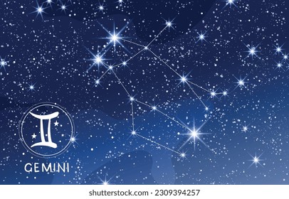 Gemini constellation in blue night sky, zodiac sign, air element, astrology banner for horoscope, modern astronomy map, boho mystical vector illustration.