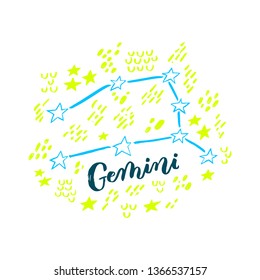 Gemini constellation with brush lettering and doodle background. Handwritten typography. Stylized sky map. Ready-to-print design template. Clothes badge,icon,logo,banner,tag. Vector illustration.