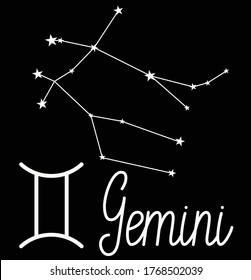 Gemini constellation, handwritten inscription and zodiac sign. Pattern for your packaging, fabric and product decoration. Vector illustration on a black background.
