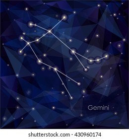 Gemini constellation in night sky, background is a triangulation