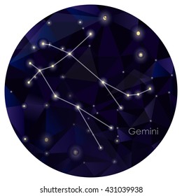 Gemini constellation in night sky, background is in the circle