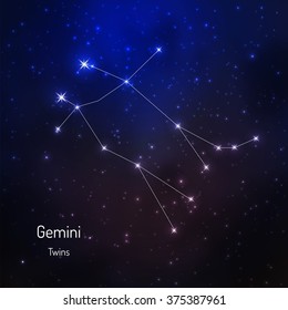  Gemini constellation in the night starry sky. Vector illustration 