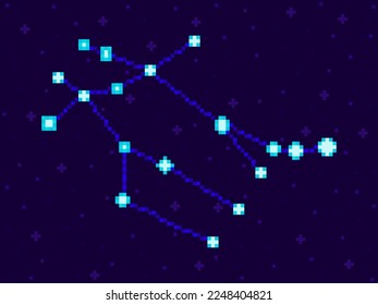 Gemini constellation in pixel art style. 8-bit stars in the night sky in retro video game style. Cluster of stars and galaxies. Design for applications, banners and posters. Vector illustration
