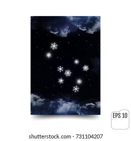 Gemini Constellation of snowflakes. Zodiac Sign Gemini constellation lines. The constellation is seen through the clouds and snowfall in the night sky. Vector