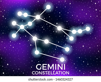 Gemini constellation. Starry night sky. Cluster of stars and galaxies. Deep space. Vector illustration