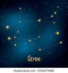 Gemini constellation: starry night sky with zodiac sign.