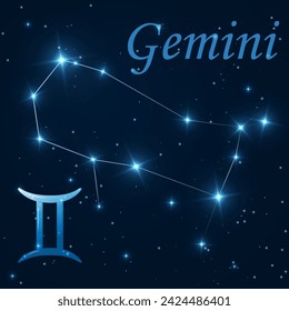 Gemini constellation with stars, zodiac sign on starry sky. Astronomy, astrology, horoscope. Science banner. Cosmos, outer space. Third zodiac sign - the ruler planet Mercury. Vector illustration