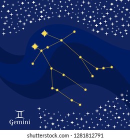 Gemini constellation vector. Stars on deep blue sky with zodiac sign