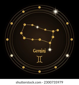 Gemini, constellation of the zodiac sign in the cosmic magic circle. Golden design on a dark background. Vector	
