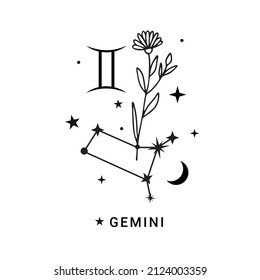 Gemini constellation zodiac sign with flower, moon and stars