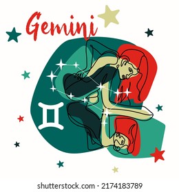 Gemini is a constellation of the zodiac sign. A girl in a modern style with colored spots and contour lines of the model's silhouette. Graphic Printing