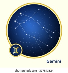 Gemini constellation zodiac sign in golden circle at starry night sky 